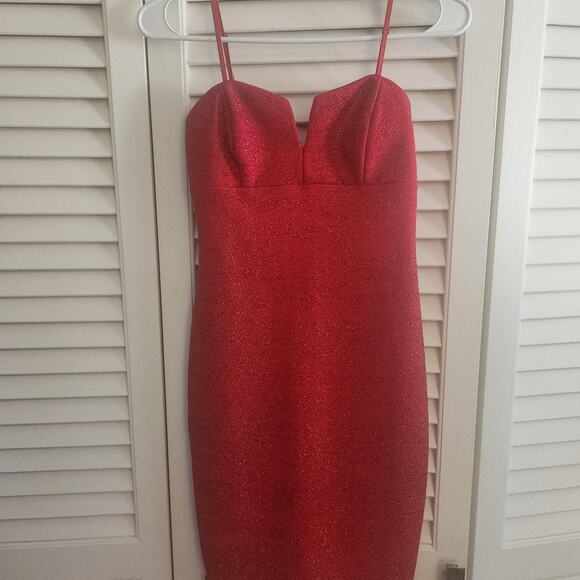 Emerald Sunday Red Sparkly Dress with Ruched Detail - Picture 1 of 4